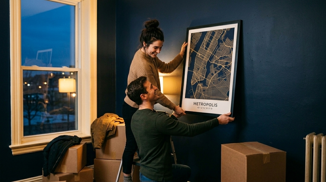 Couple hanging their personalised map poster in their new home