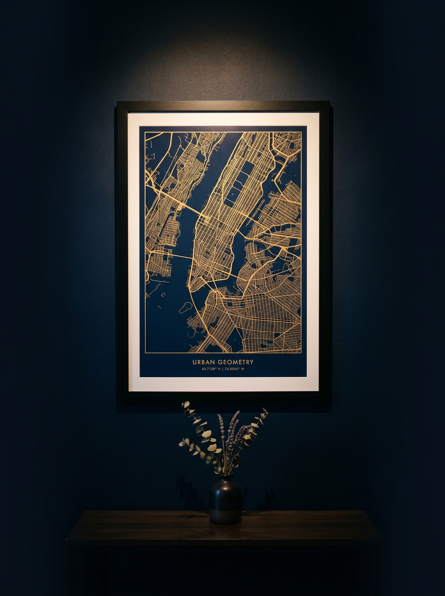 Framed personalised city map poster on a navy wall under gallery light